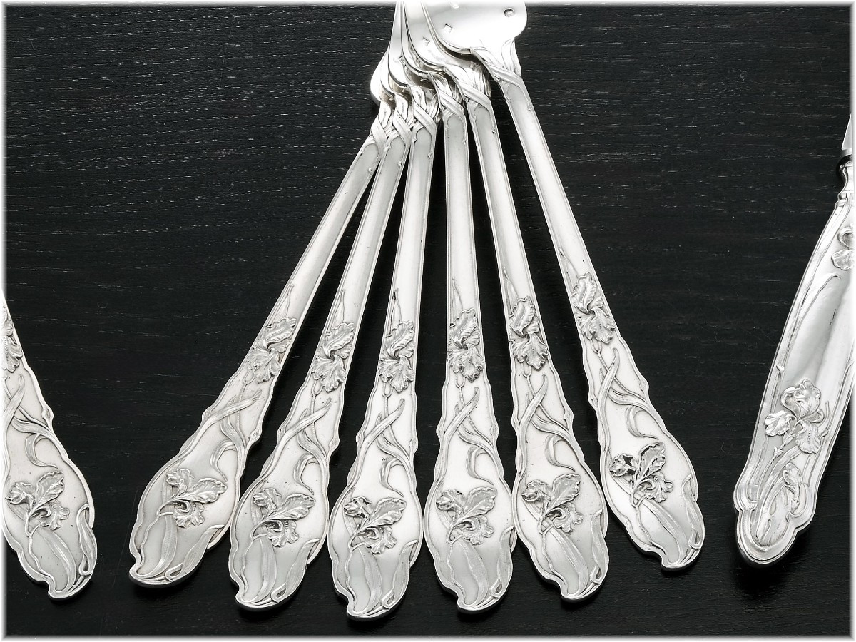 Ravinet d'Enfert:  6 Sterling Silver Large Cutlery Sets + Knives Art Nouveau - Iris Pattern-photo-7