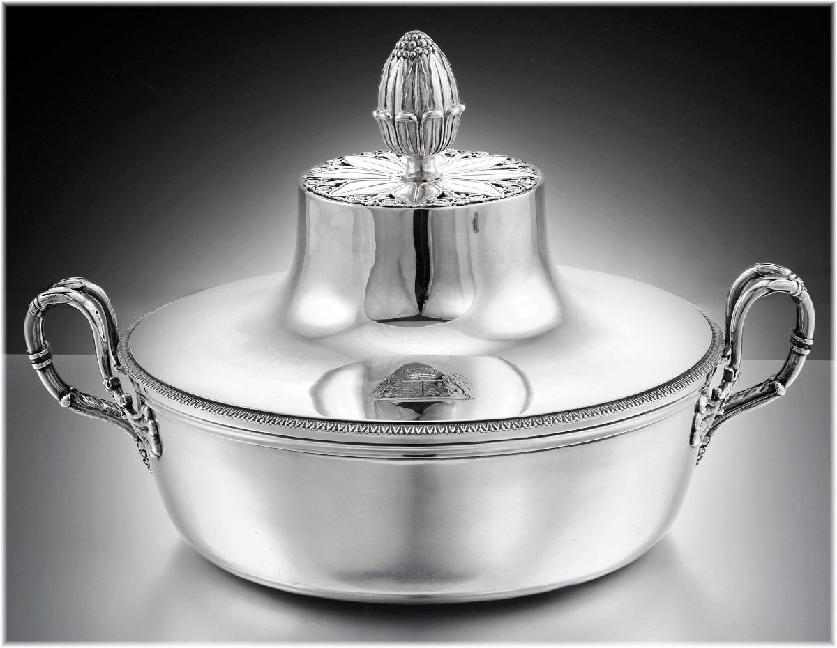 J B C Odiot: Rare Empire Era Sterling Silver Tureen - Coat Of Arms-photo-6