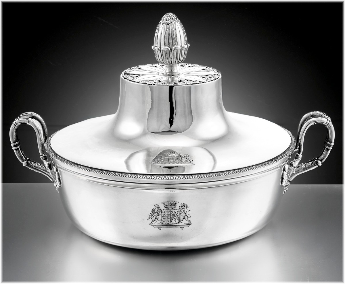 J B C Odiot: Rare Empire Era Sterling Silver Tureen - Coat Of Arms