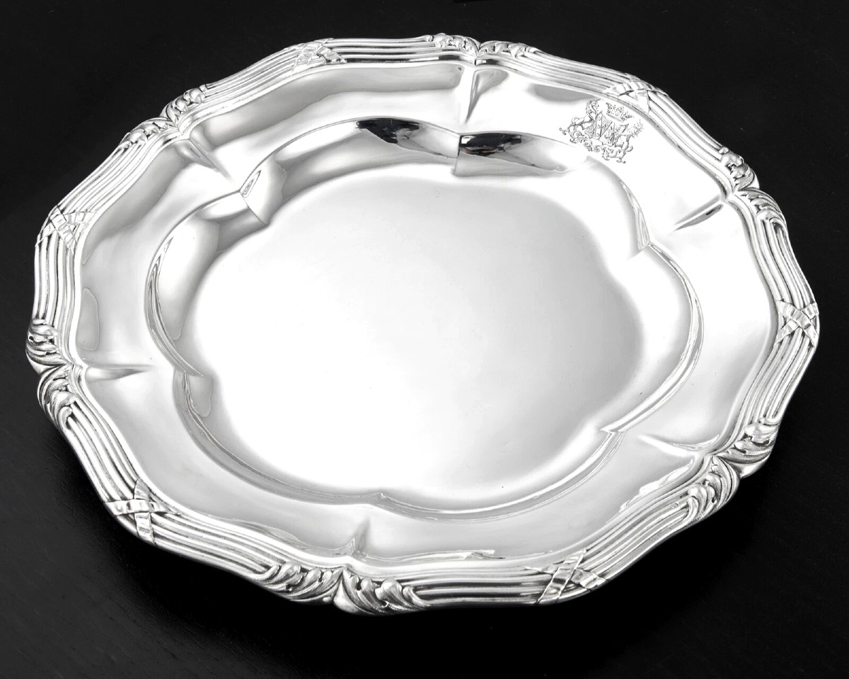 Gustave Odiot: Louis XVI Style Sterling Silver Platter / Dish  Marquis Coat Of Arms - No. 1-photo-1