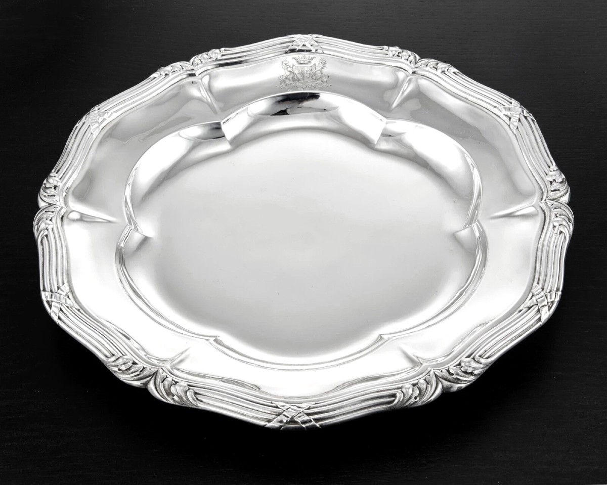 Gustave Odiot: Louis XVI Style Stering Silver Platter / Dish Coat Of Arms - No. 2