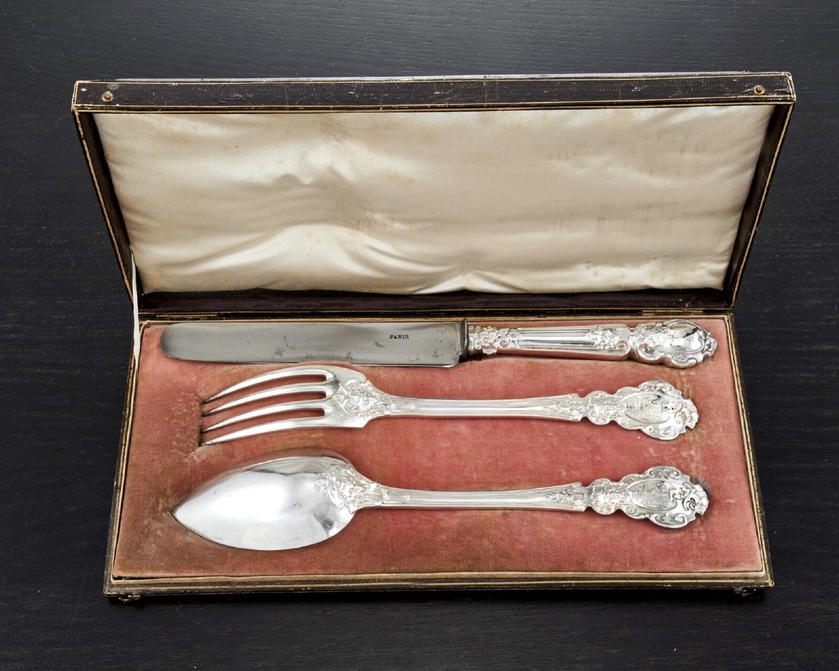 Landry: Rare Cased Sterling Silver Travel Cutlery Set - Royal Notary- Coat Of Arms-photo-6