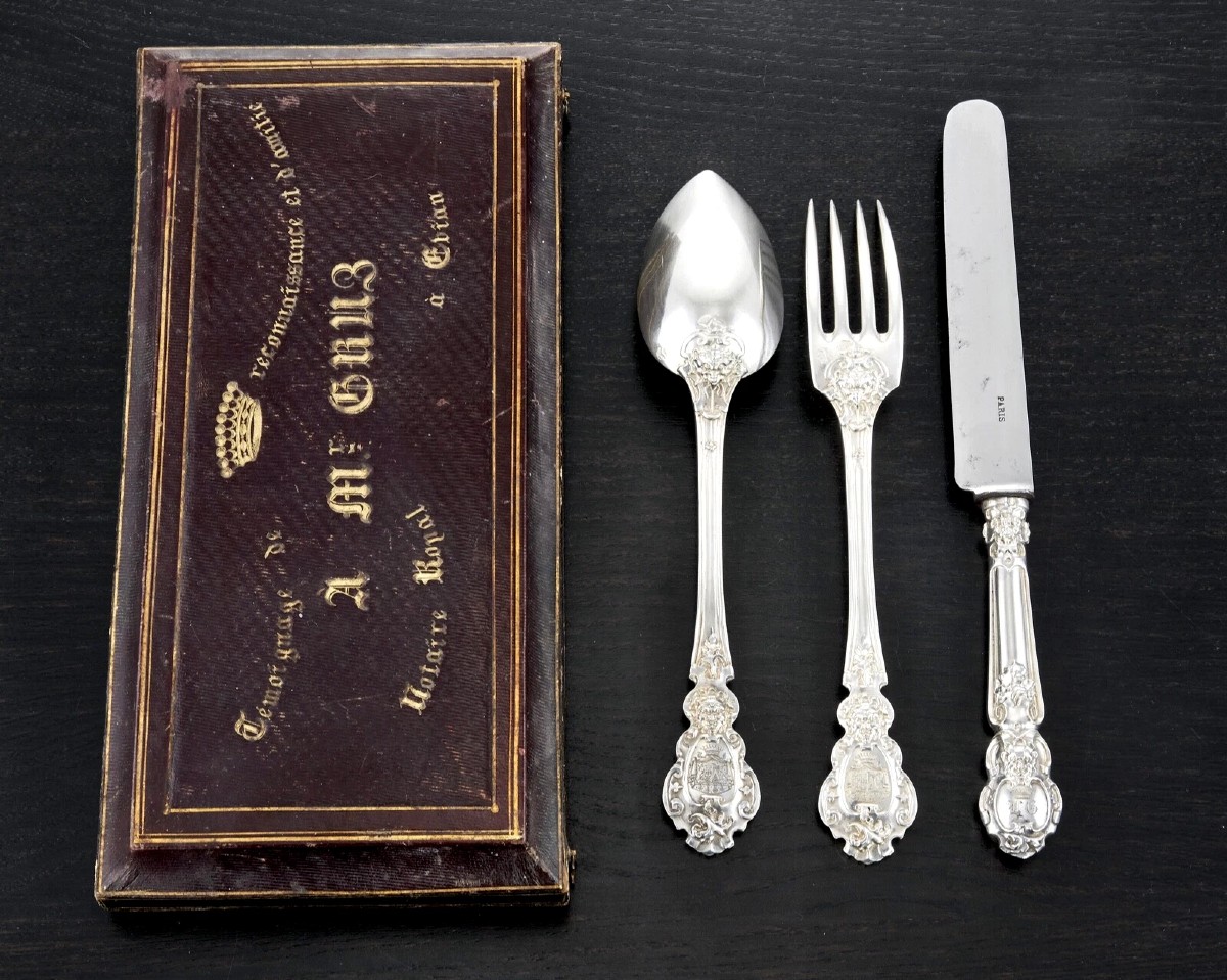 Landry: Rare Cased Sterling Silver Travel Cutlery Set - Royal Notary- Coat Of Arms