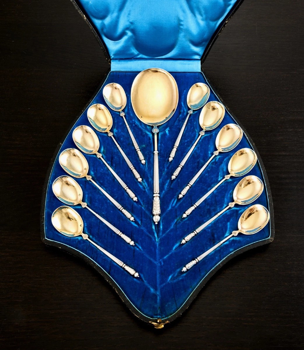 PUIFORCAT : Service à Glace en Argent massif Vermeil dans son Coffret de Forme-photo-5