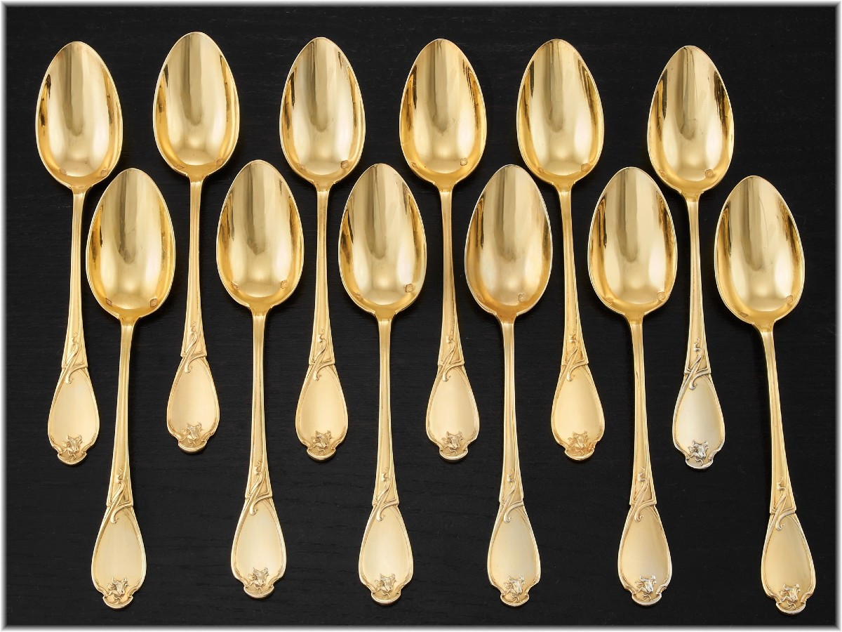 Charles Tirbour: Cyclamen Art Nouveau Sterling Silver Vermeil Spoon Set - Box-photo-2