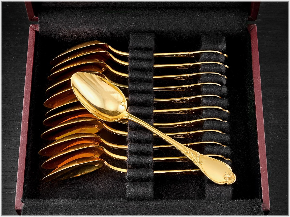 Charles Tirbour: Cyclamen Art Nouveau Sterling Silver Vermeil Spoon Set - Box-photo-3