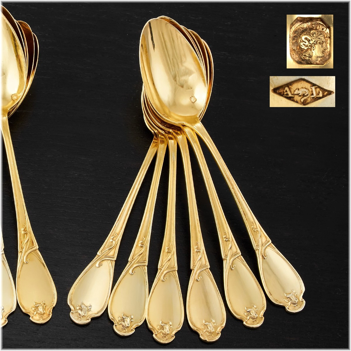 Charles Tirbour: Cyclamen Art Nouveau Sterling Silver Vermeil Spoon Set - Box-photo-1
