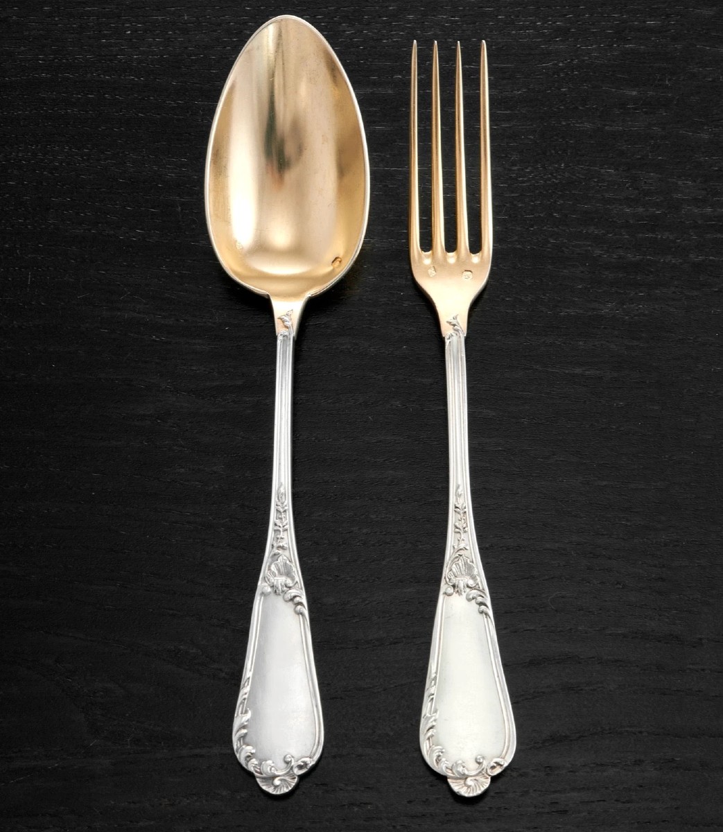 HENIN & COMPERE : Ménagère / Service à Desserts en Argent massif Vermeil 24pcs-photo-4