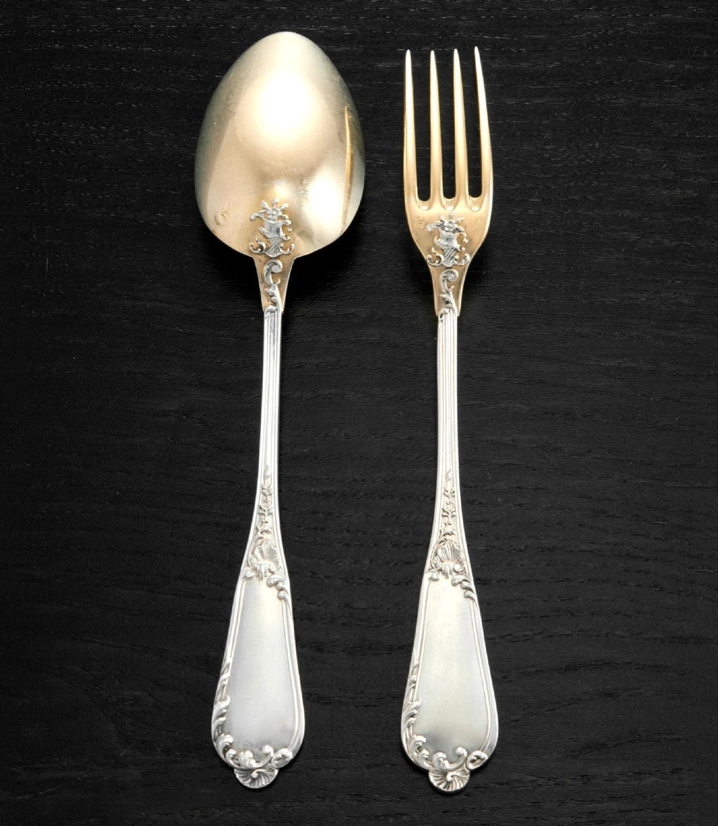 HENIN & COMPERE : Ménagère / Service à Desserts en Argent massif Vermeil 24pcs-photo-2