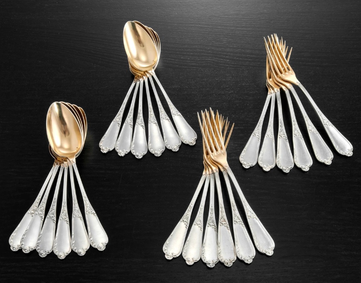 HENIN & COMPERE : Ménagère / Service à Desserts en Argent massif Vermeil 24pcs-photo-3