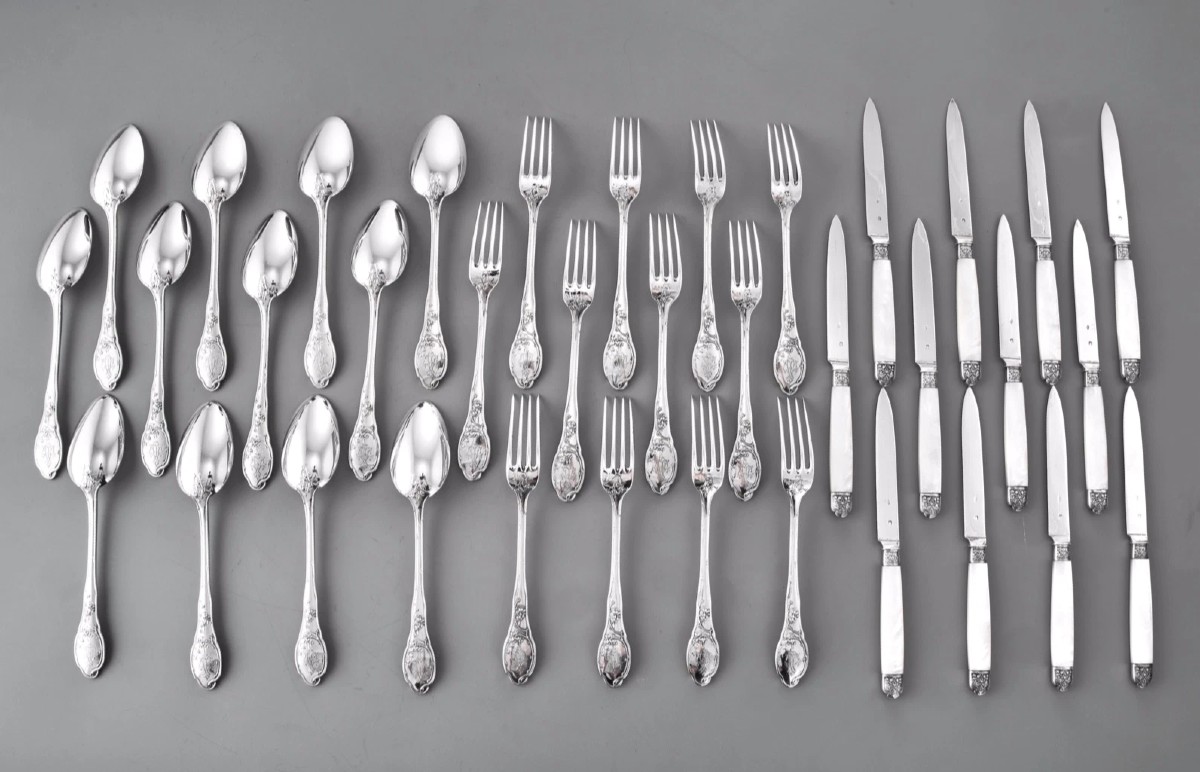 Soufflot : Rare Sterling Silver Art Nouveau "bleeding Heart Flatware Set Knives  Mascaron 36pcs-photo-7