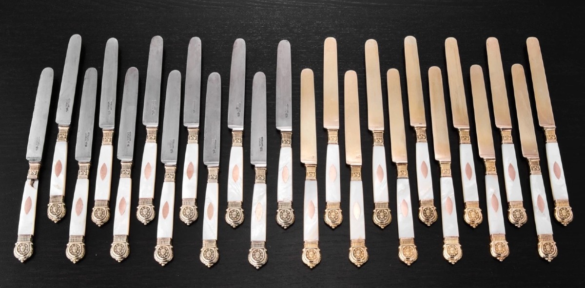  Mericant: 14pc Mother-of-pearl Knife Set, Solid Silver Vermeil, Gold, Charles X Era-photo-3