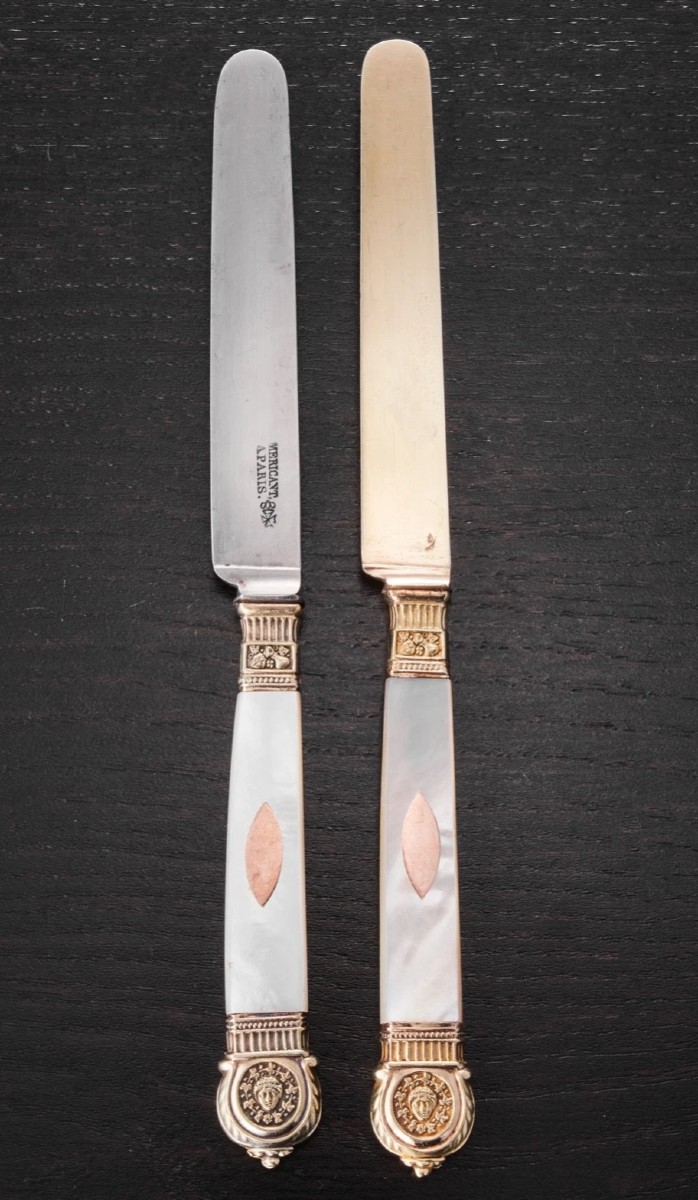  Mericant: 14pc Mother-of-pearl Knife Set, Solid Silver Vermeil, Gold, Charles X Era-photo-2