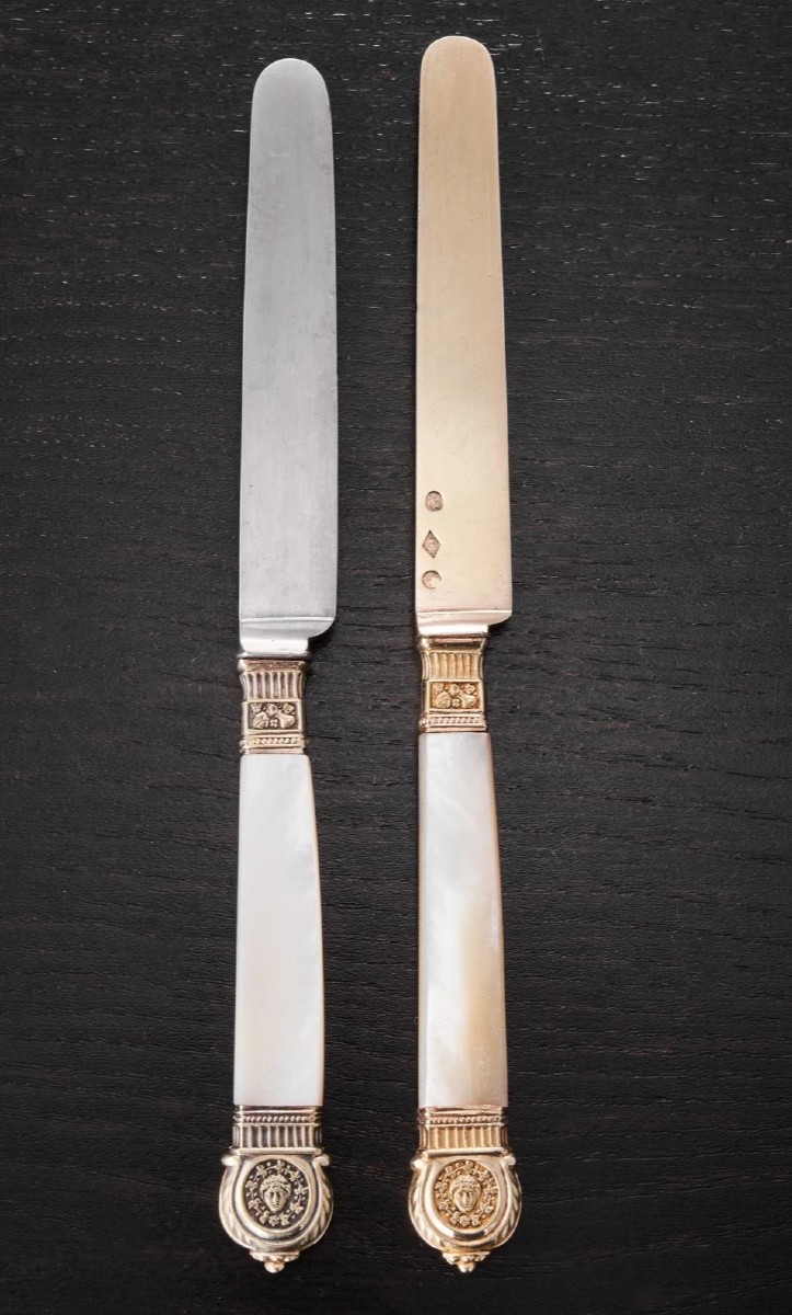 Mericant: 14pc Mother-of-pearl Knife Set, Solid Silver Vermeil, Gold, Charles X Era-photo-3