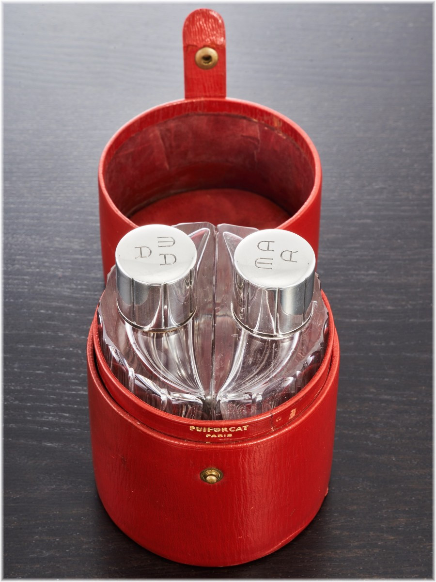 PUIFORCAT : Nécessaire à Parfum en Argent massif Cristal, Etui en Cuir d'Origine-photo-4