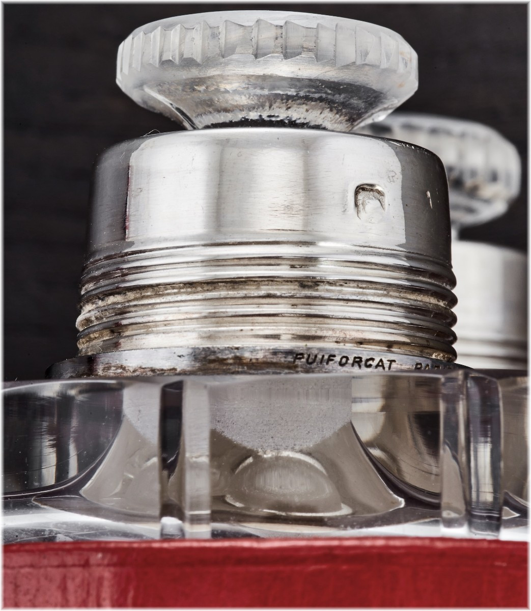 PUIFORCAT : Nécessaire à Parfum en Argent massif Cristal, Etui en Cuir d'Origine-photo-5