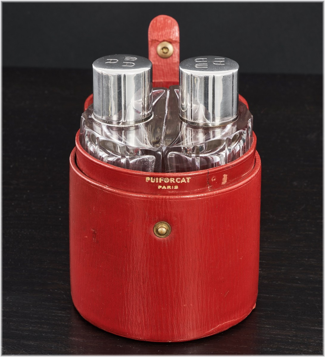 PUIFORCAT : Nécessaire à Parfum en Argent massif Cristal, Etui en Cuir d'Origine