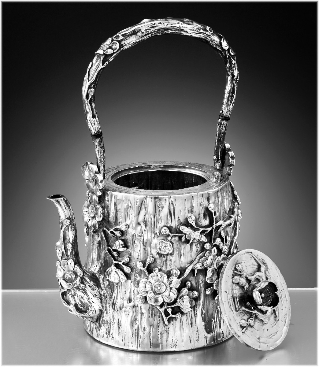 Chinese 3pc Sterling Silver Tea Set C.1900 - Cherry Blossoms Naturalist Decor-photo-2