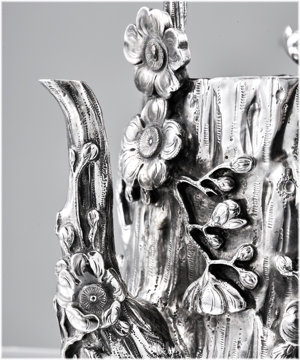 Chinese 3pc Sterling Silver Tea Set C.1900 - Cherry Blossoms Naturalist Decor-photo-3