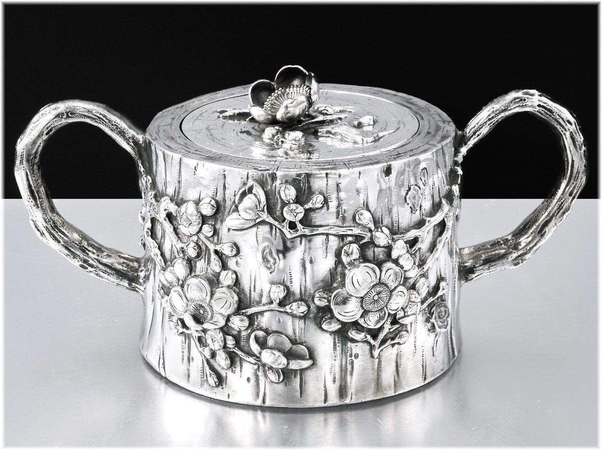 Chinese 3pc Sterling Silver Tea Set C.1900 - Cherry Blossoms Naturalist Decor-photo-4