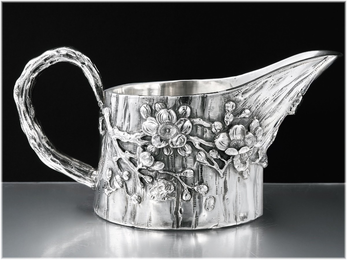 Chinese 3pc Sterling Silver Tea Set C.1900 - Cherry Blossoms Naturalist Decor-photo-6