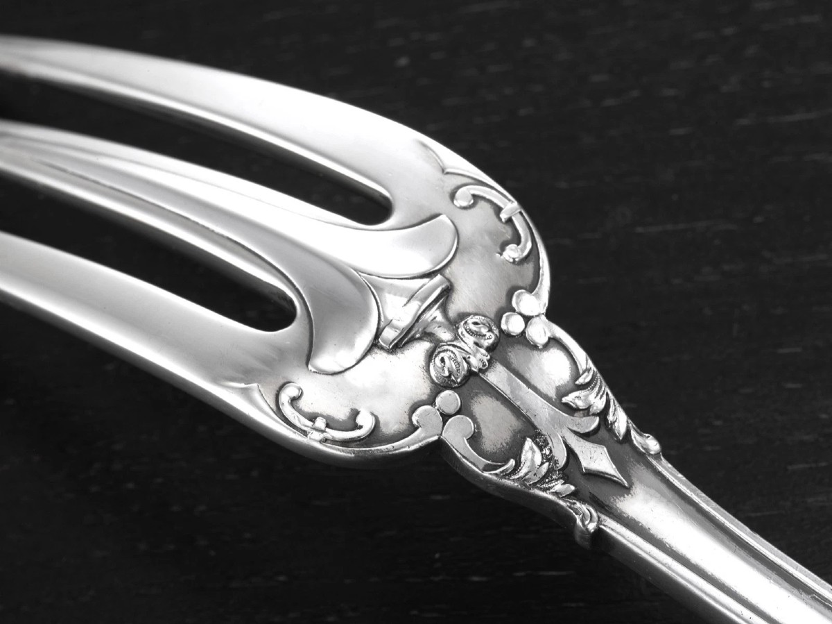 Puiforcat : 12pc Sterling Silver Neogothic Flatware Set, “fer De Lance” Pattern-photo-4