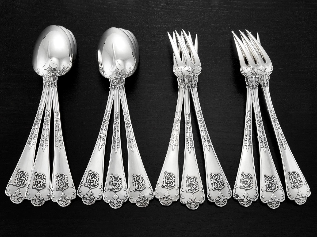 Puiforcat : 12pc Sterling Silver Neogothic Flatware Set, “fer De Lance” Pattern