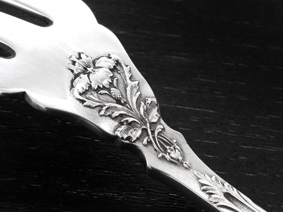 Puiforcat: Sterling Silver Fish Service For 8 Guests Modern Foliage Pattern Art Nouveau Era-photo-2