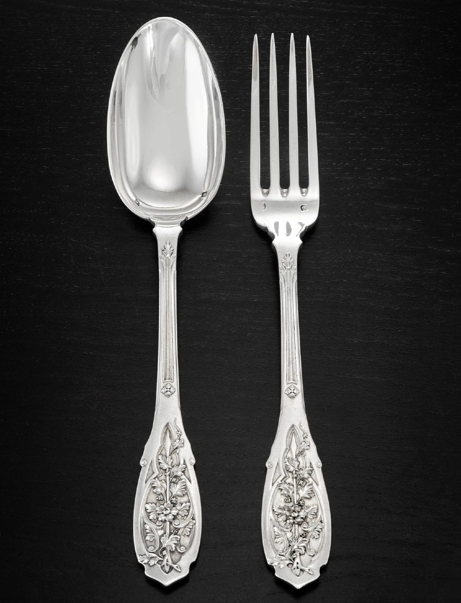 Puiforcat : 24 Piece Sterling Silver Flatware Set Art Nouveau Era -  Moderne Foliage Pattern-photo-2