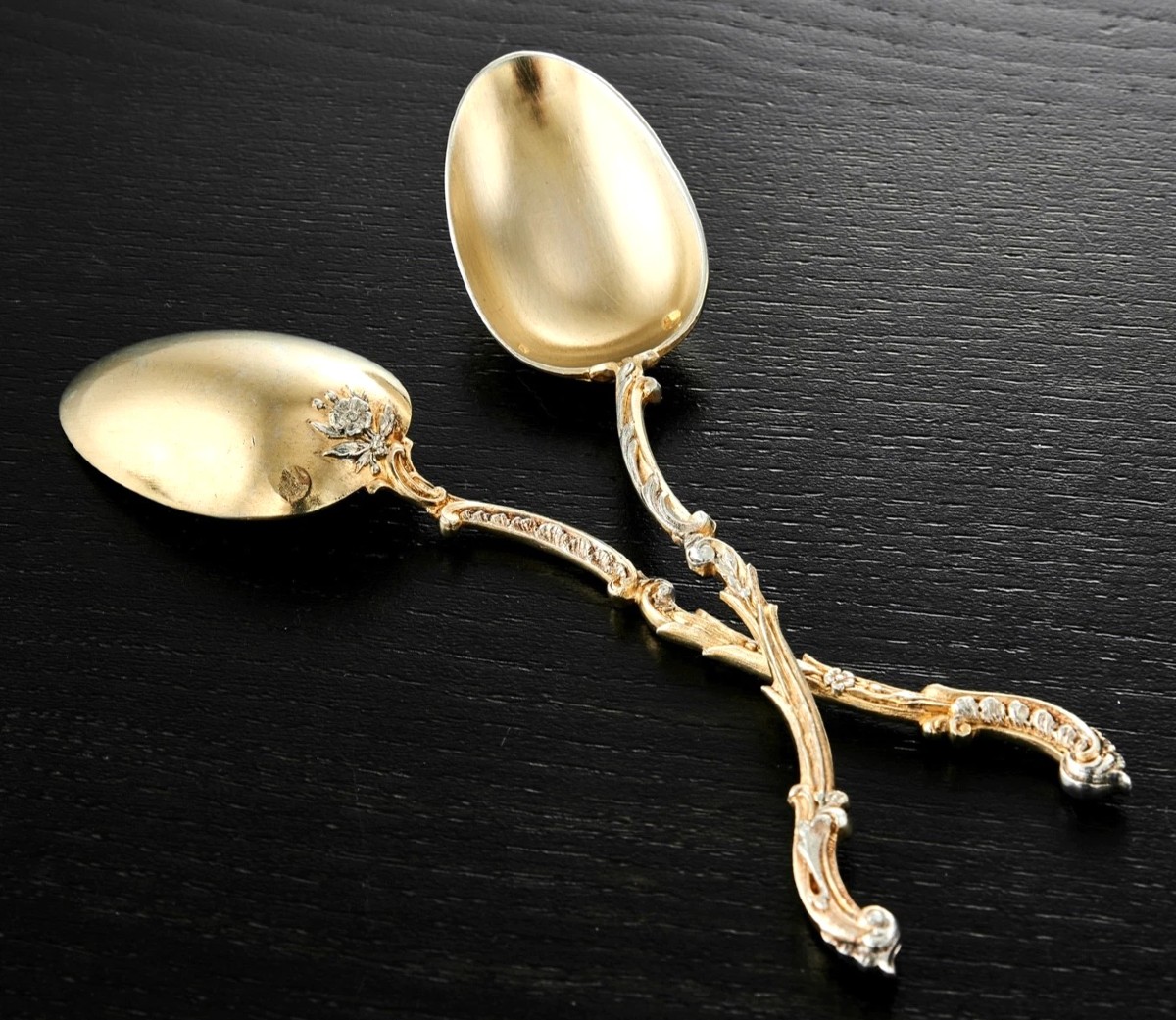 Henin & Cie: Set Of 6 Sterling Silver Spoons With Vermeil Leaves And Flowers-photo-4