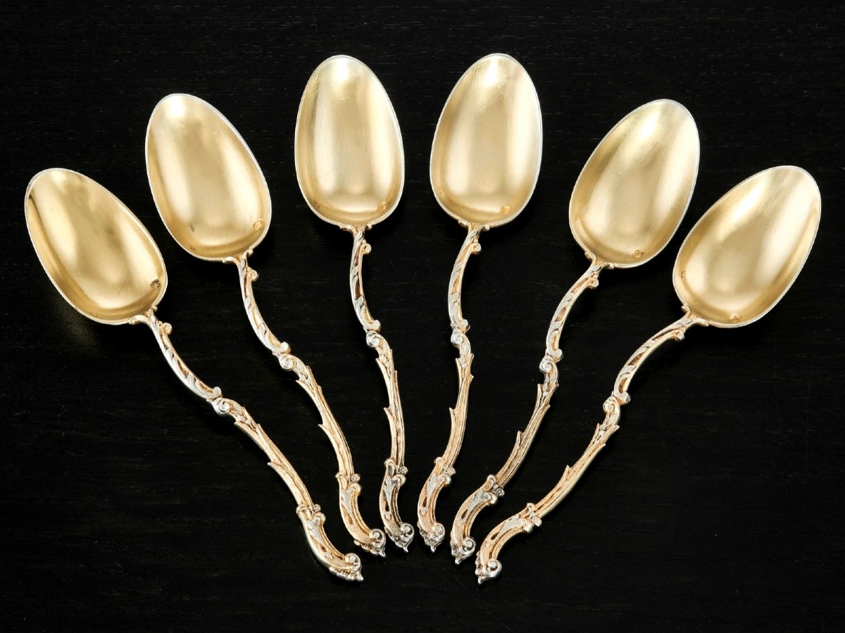 Henin & Cie: Set Of 6 Sterling Silver Spoons With Vermeil Leaves And Flowers-photo-1