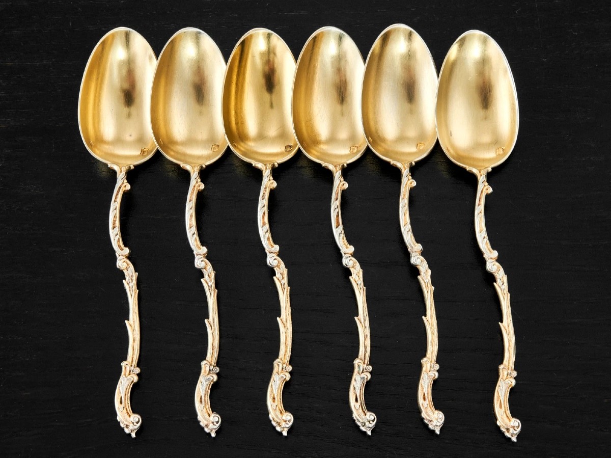 Henin & Cie: Set Of 6 Sterling Silver Spoons With Vermeil Leaves And Flowers-photo-2