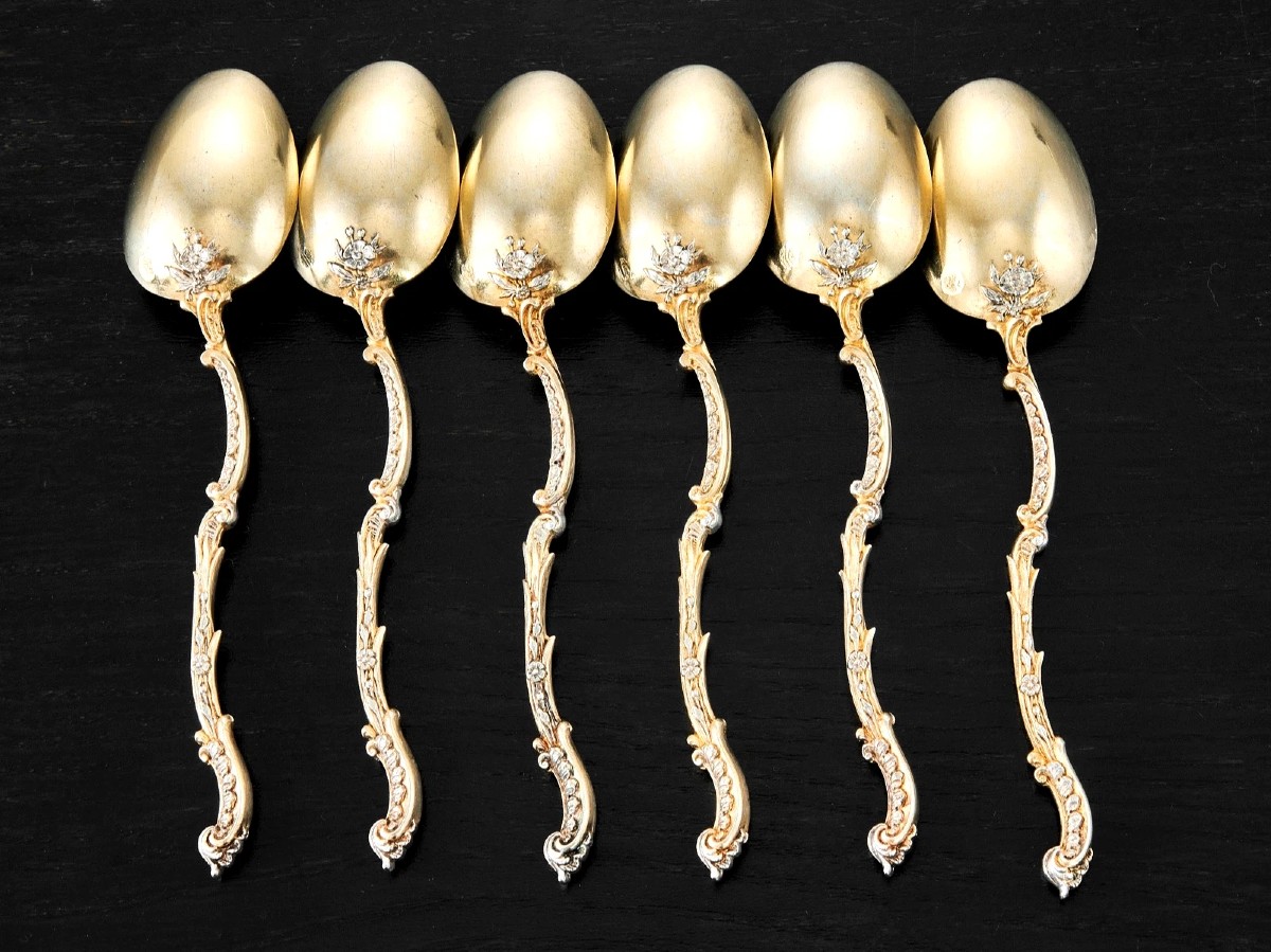 Henin & Cie: Set Of 6 Sterling Silver Spoons With Vermeil Leaves And Flowers-photo-3