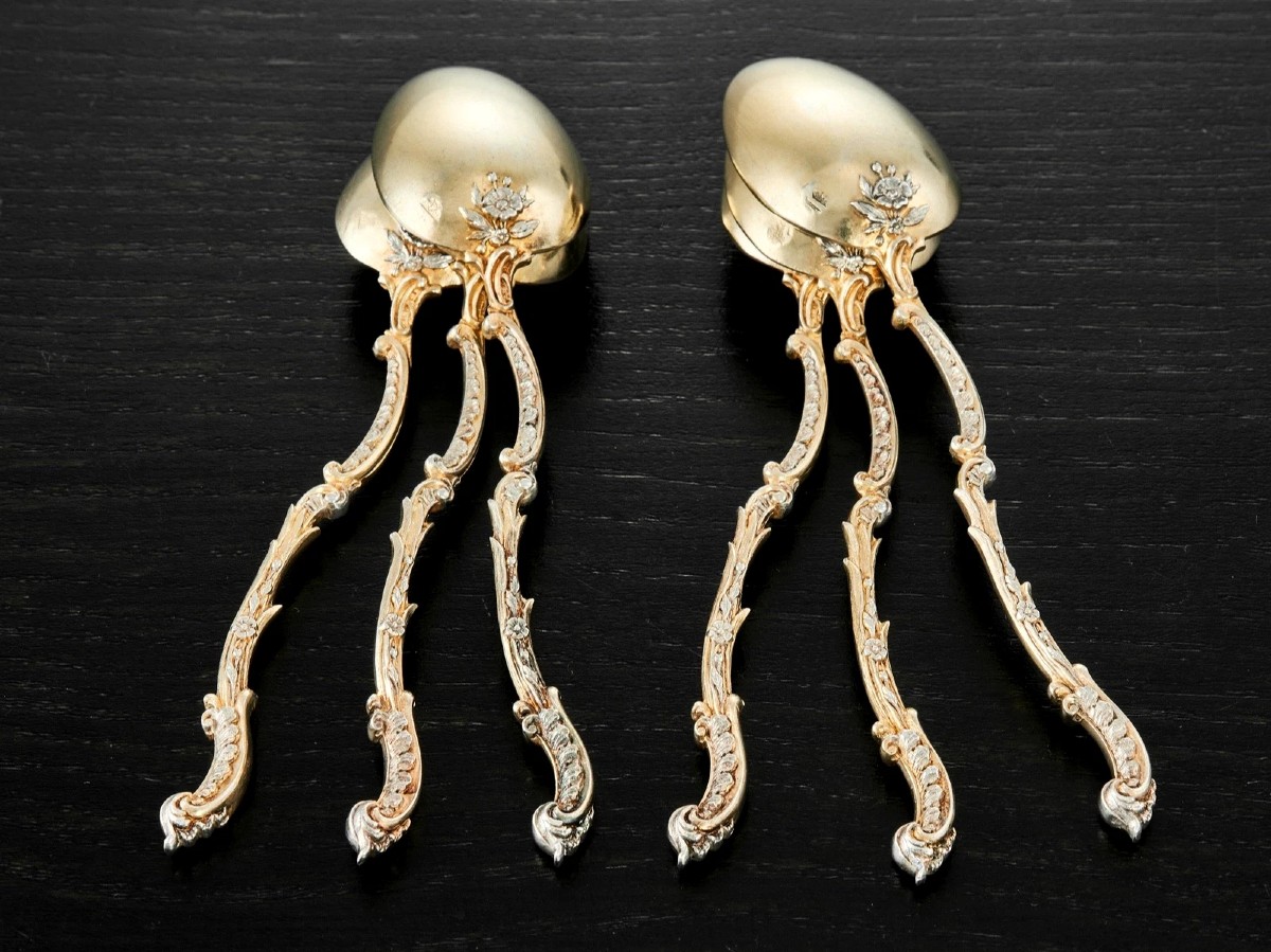Henin & Cie: Set Of 6 Sterling Silver Spoons With Vermeil Leaves And Flowers-photo-4
