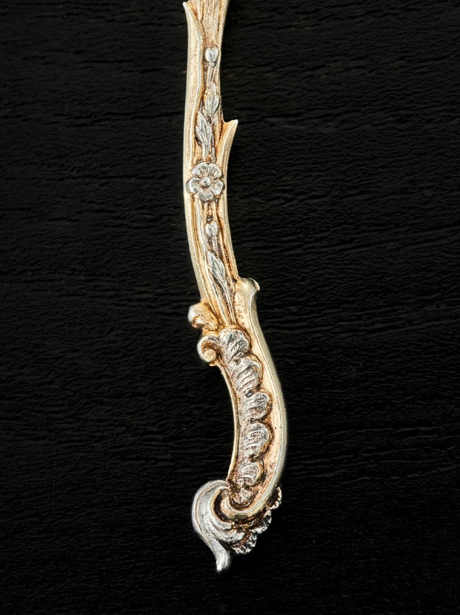 Henin & Cie: Set Of 6 Sterling Silver Spoons With Vermeil Leaves And Flowers-photo-5