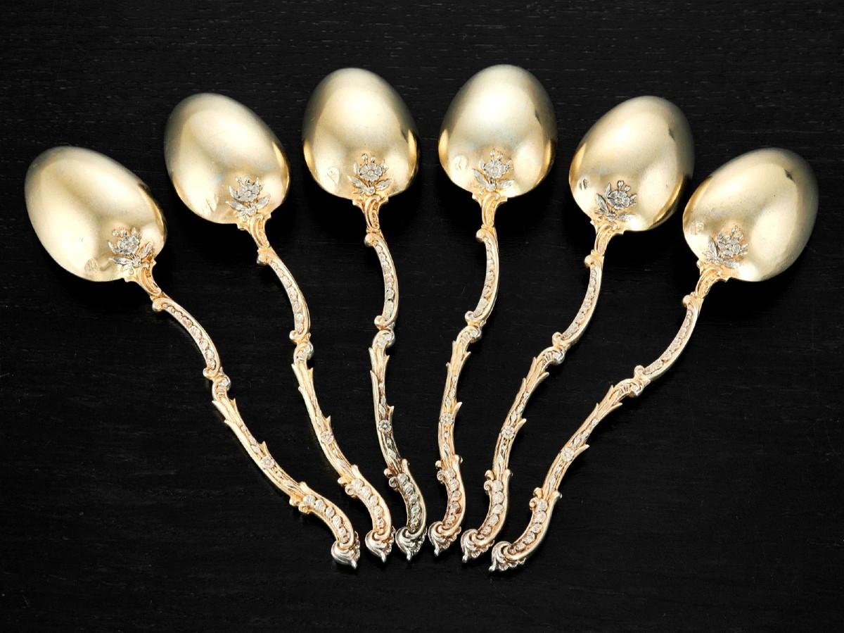 Henin & Cie: Set Of 6 Sterling Silver Spoons With Vermeil Leaves And Flowers
