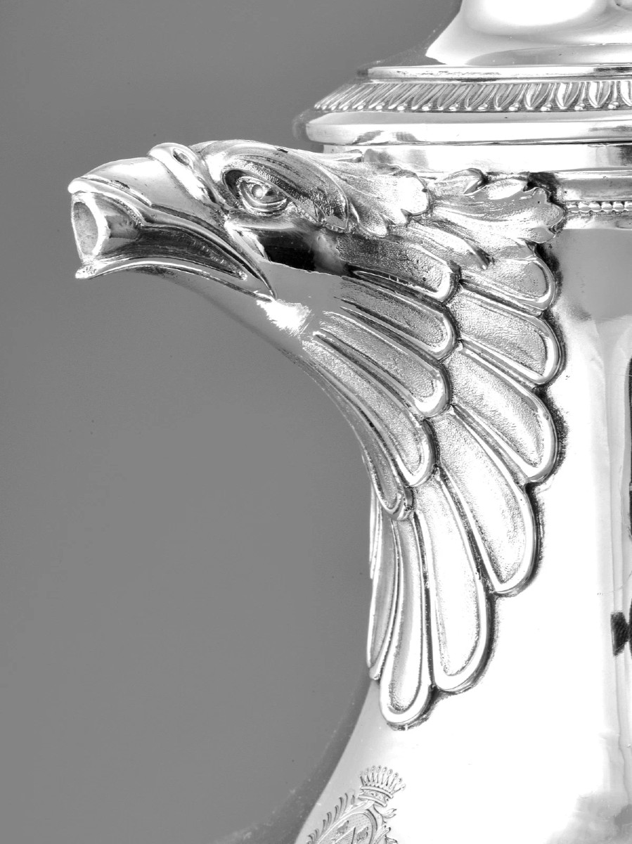 Puiforcat : Large Sterling Silver Chocolate Pot Empire Style With Eagle Coat Of Arms-photo-4