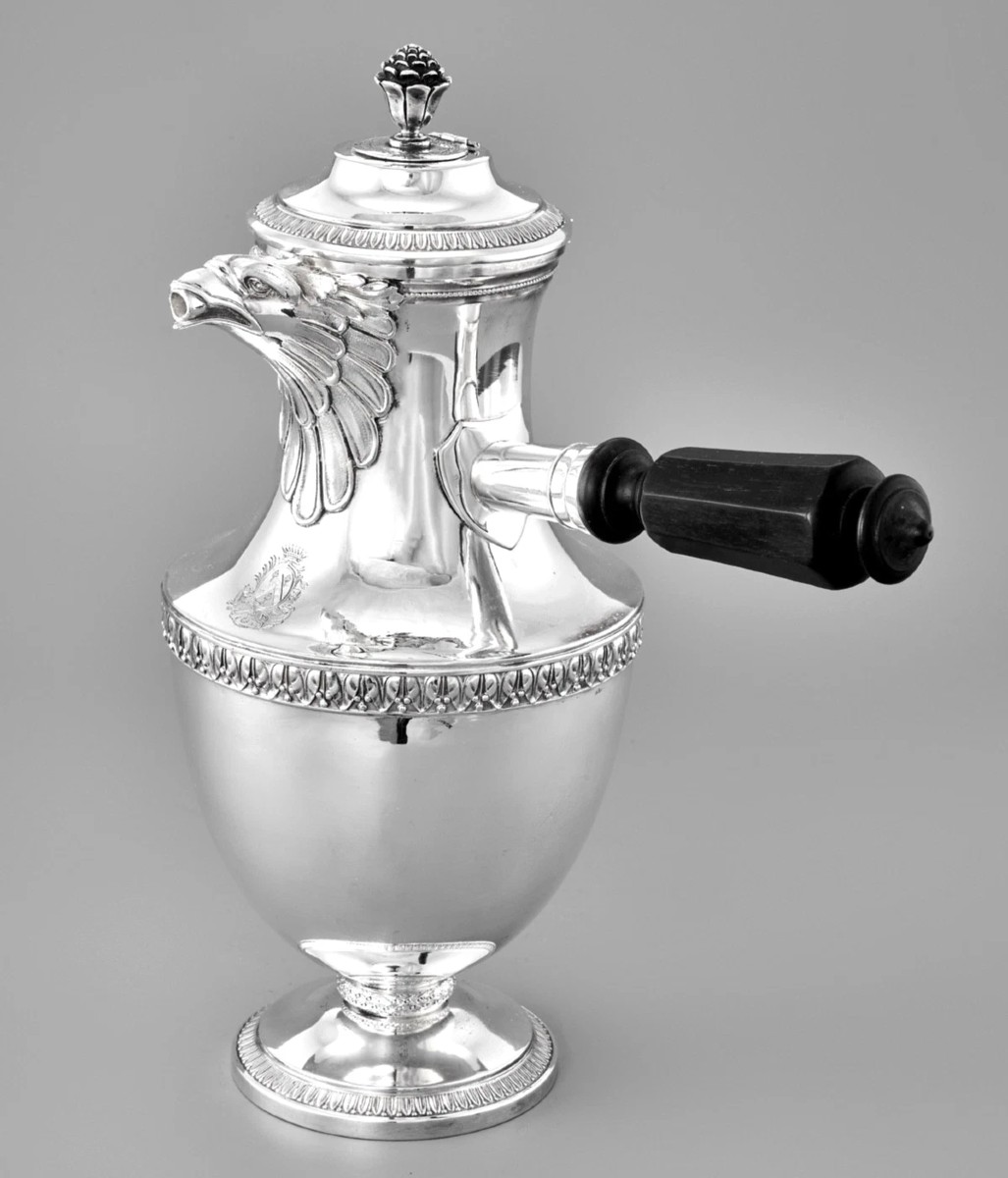 Puiforcat : Large Sterling Silver Chocolate Pot Empire Style With Eagle Coat Of Arms