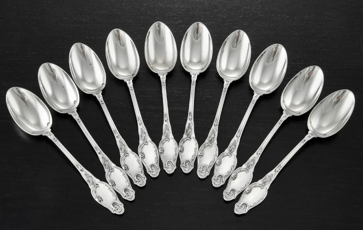 Henri Lapparra : Art Nouveau Sterling Silver Tea Spoon Set - Poppies Pattern-photo-2