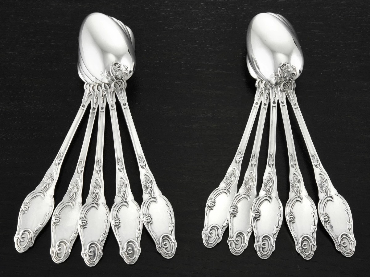 Henri Lapparra : Art Nouveau Sterling Silver Tea Spoon Set - Poppies Pattern-photo-3