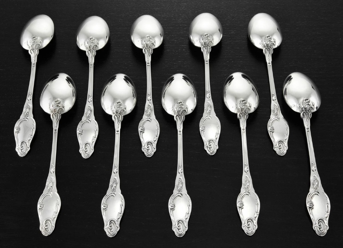 Henri Lapparra : Art Nouveau Sterling Silver Tea Spoon Set - Poppies Pattern-photo-2