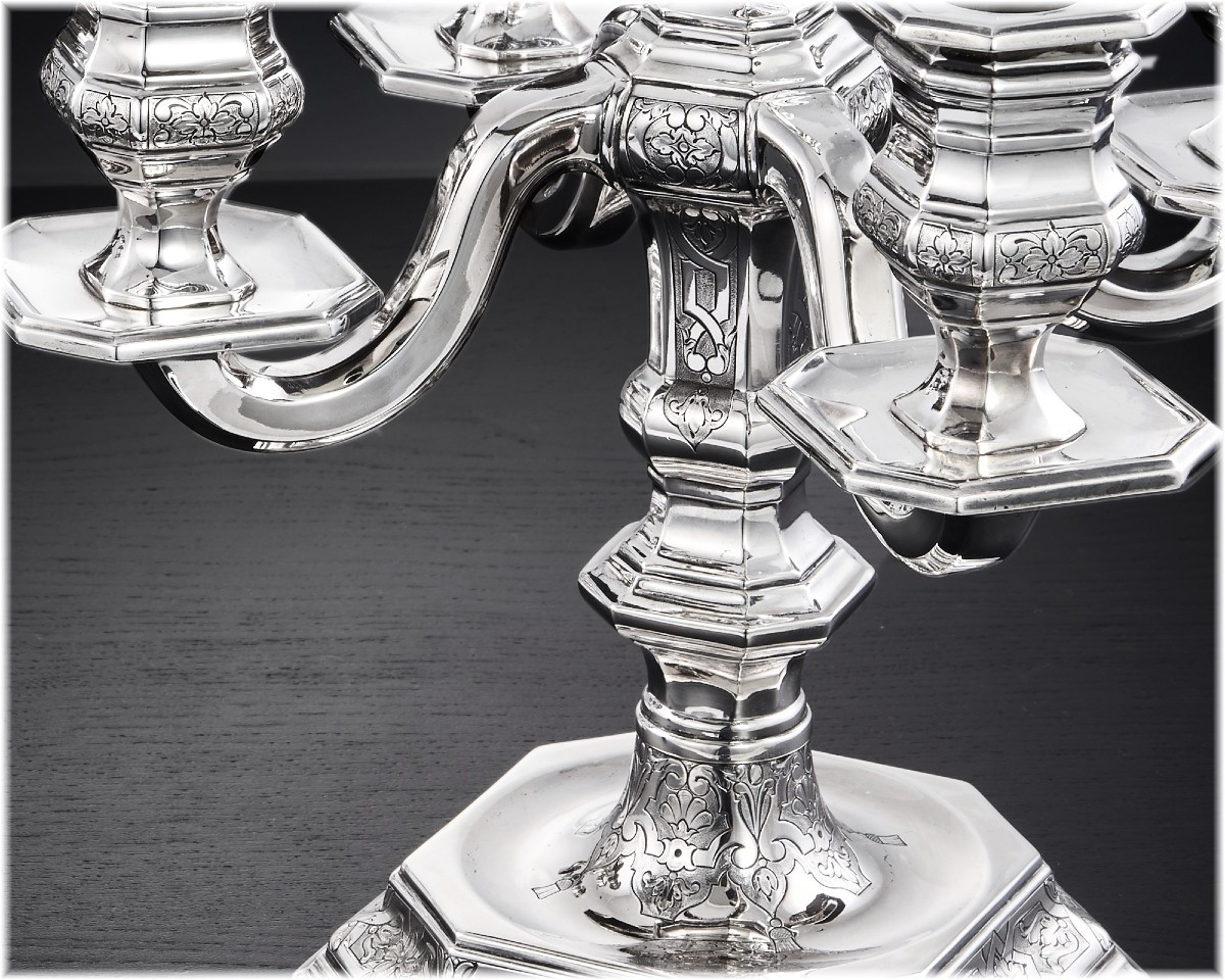 Tetard : Pair Of Sterling Silver Regency Style 5-light Candelabra Decor "à La Bérain"-photo-3