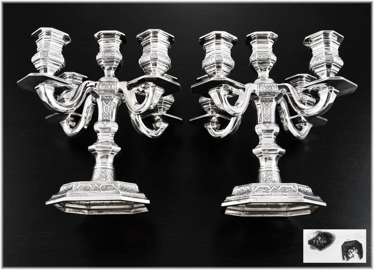 Tetard : Pair Of Sterling Silver Regency Style 5-light Candelabra Decor "à La Bérain"-photo-5