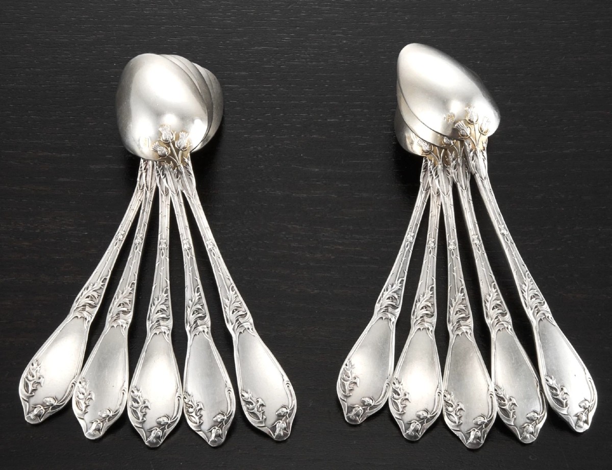 Boulenger : Art Nouveau Sterling Silver & Vermeil Tea / Dessert Spoons Set  Thistle Pattern-photo-2