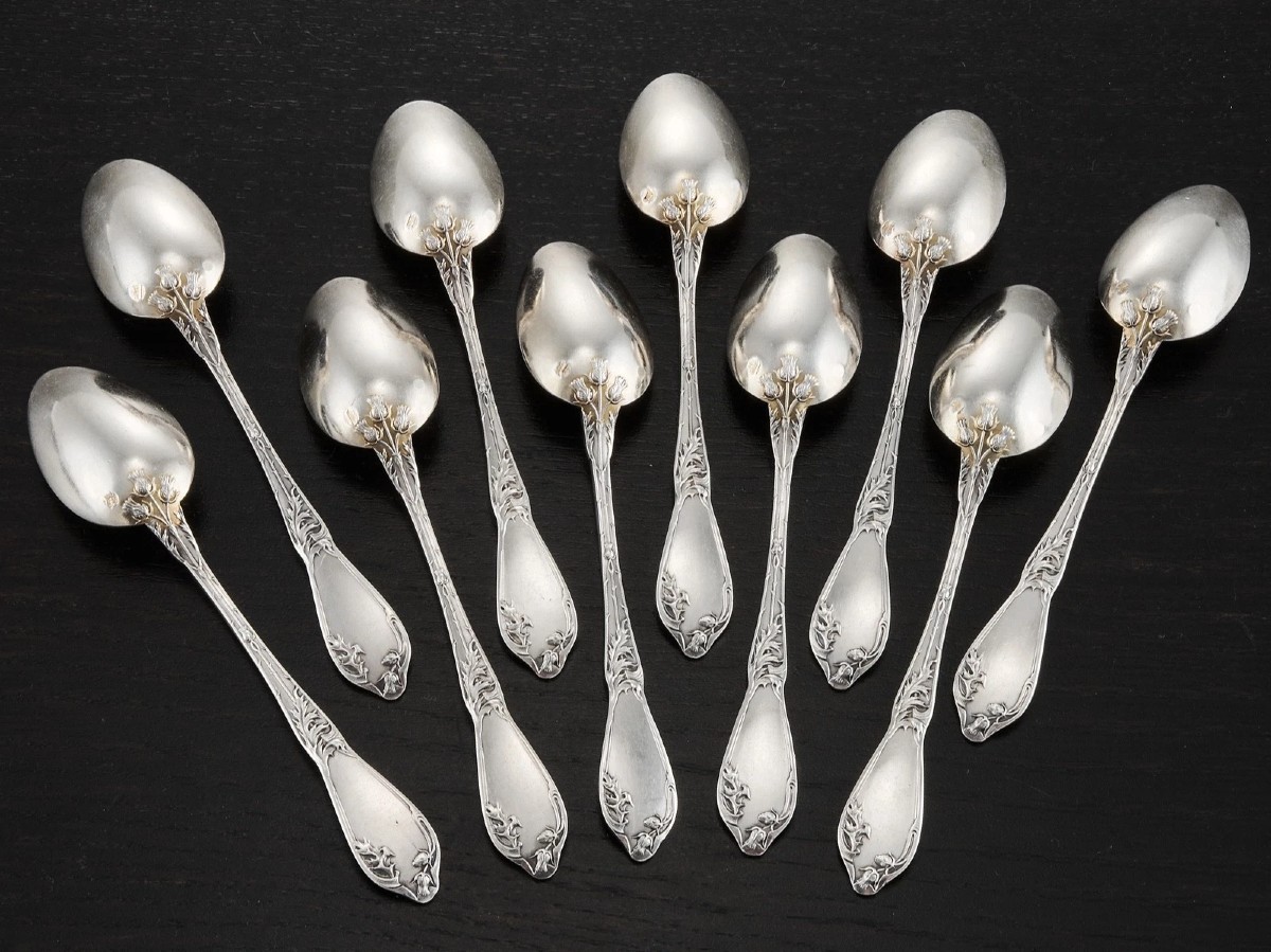 Boulenger : Art Nouveau Sterling Silver & Vermeil Tea / Dessert Spoons Set  Thistle Pattern-photo-3
