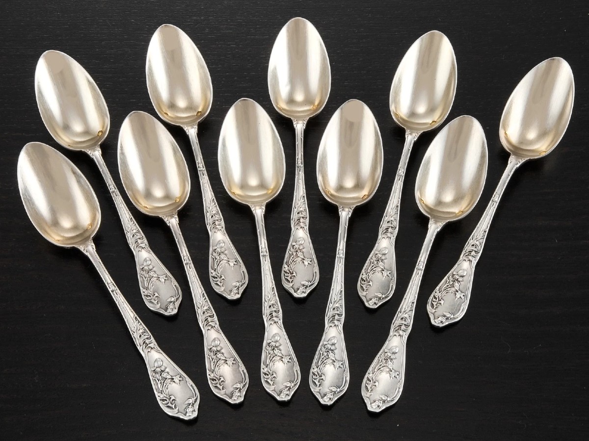 Boulenger : Art Nouveau Sterling Silver & Vermeil Tea / Dessert Spoons Set  Thistle Pattern-photo-4