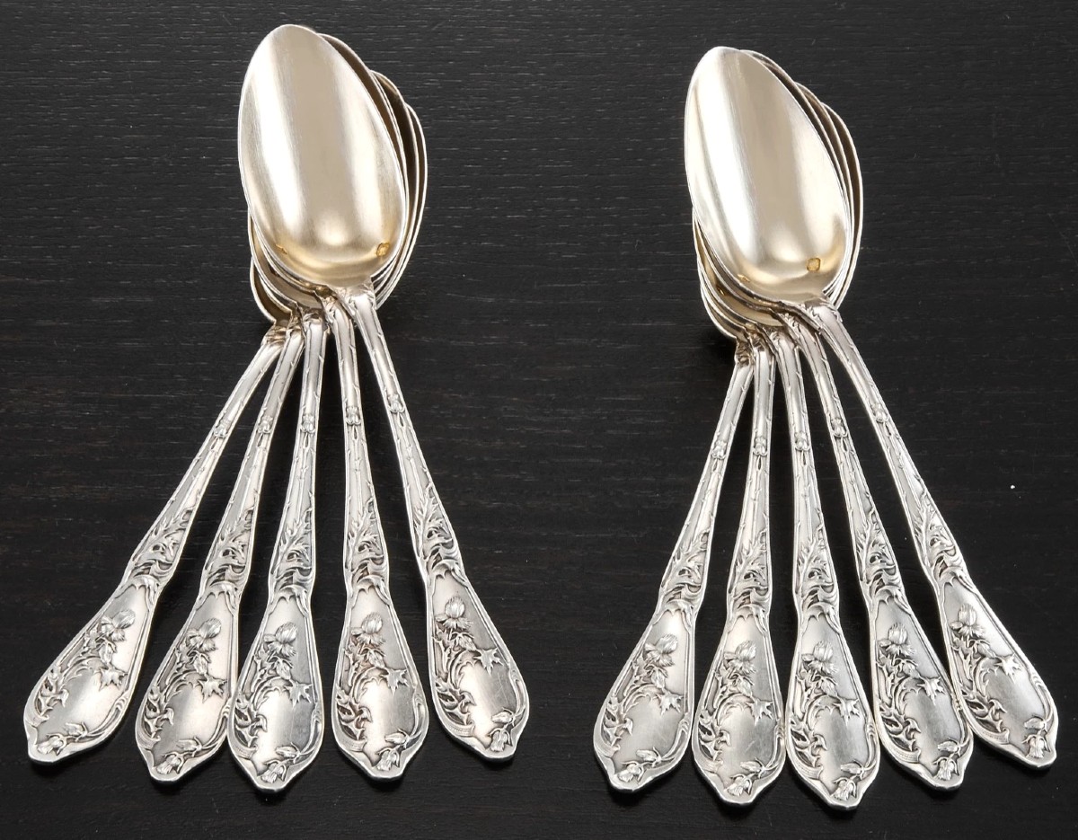 Boulenger : Art Nouveau Sterling Silver & Vermeil Tea / Dessert Spoons Set  Thistle Pattern