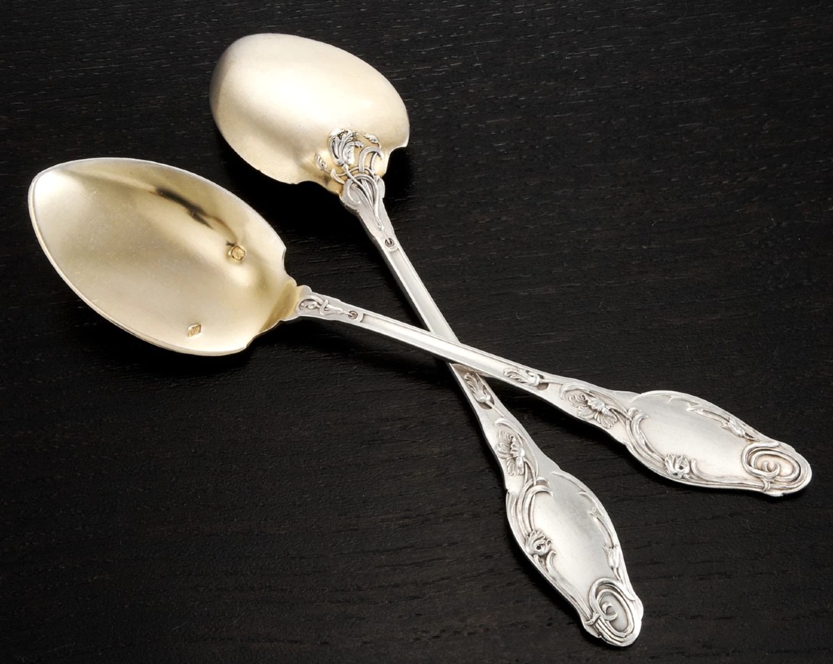 Lambert: Sterling Silver Vermeil Ice Cream Service For 18 Guests Art Nouveau Poppies Pattern-photo-2