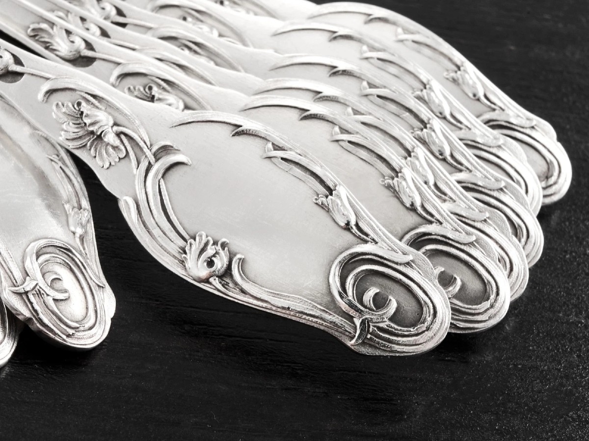 Lambert: Sterling Silver Vermeil Ice Cream Service For 18 Guests Art Nouveau Poppies Pattern-photo-3