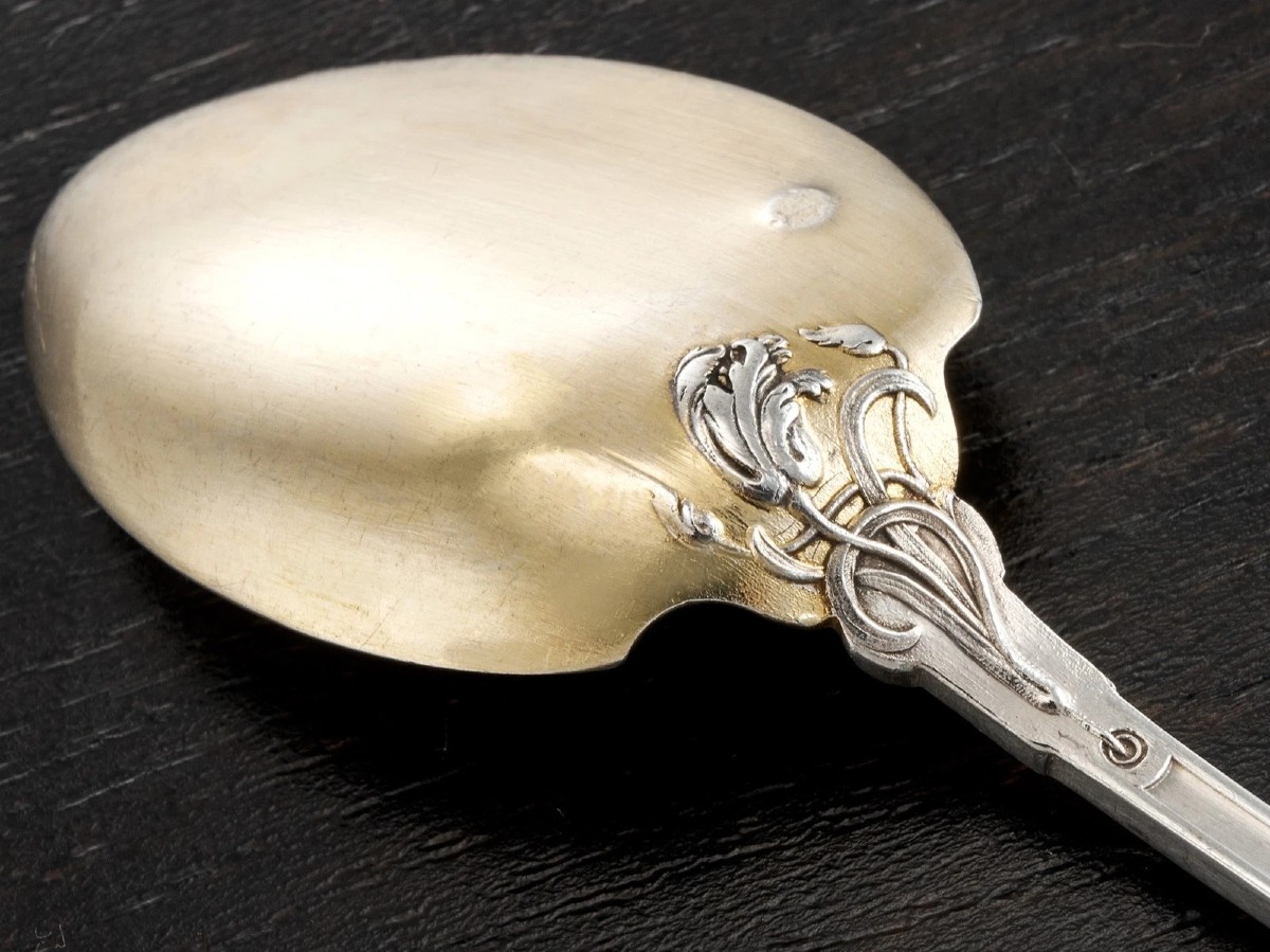 Lambert: Sterling Silver Vermeil Ice Cream Service For 18 Guests Art Nouveau Poppies Pattern-photo-4